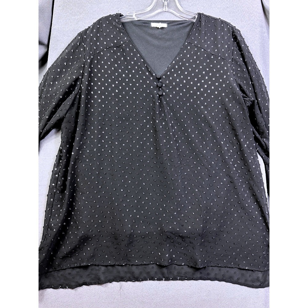 Black Metallic Clip Dot V-Neck Blouse with Flounce‎ Sleeves and High-Low Hem XL